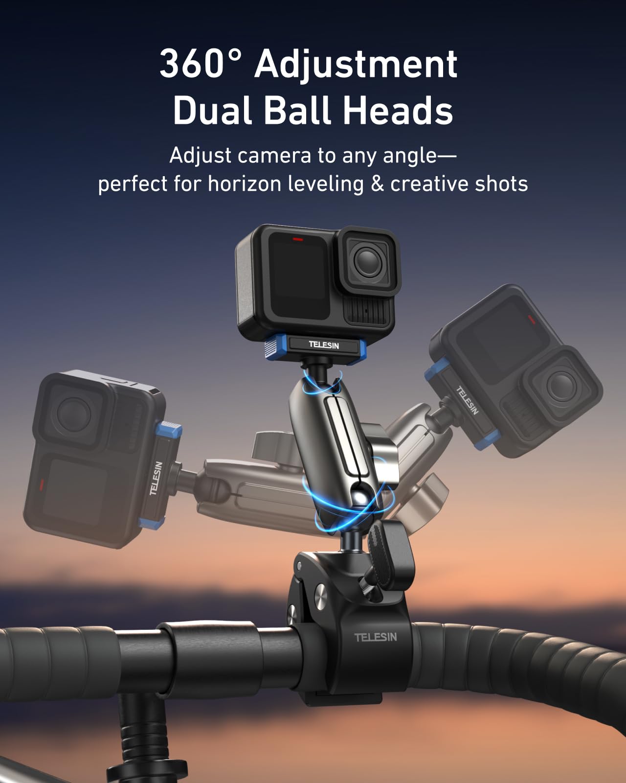 TELESIN Super Clamp per Moto/Bici per GoPro Hero 13, 9-38mm | Manubrio, morsetto potente e testa sferica 360°, per manubri da 9 a 38 mm