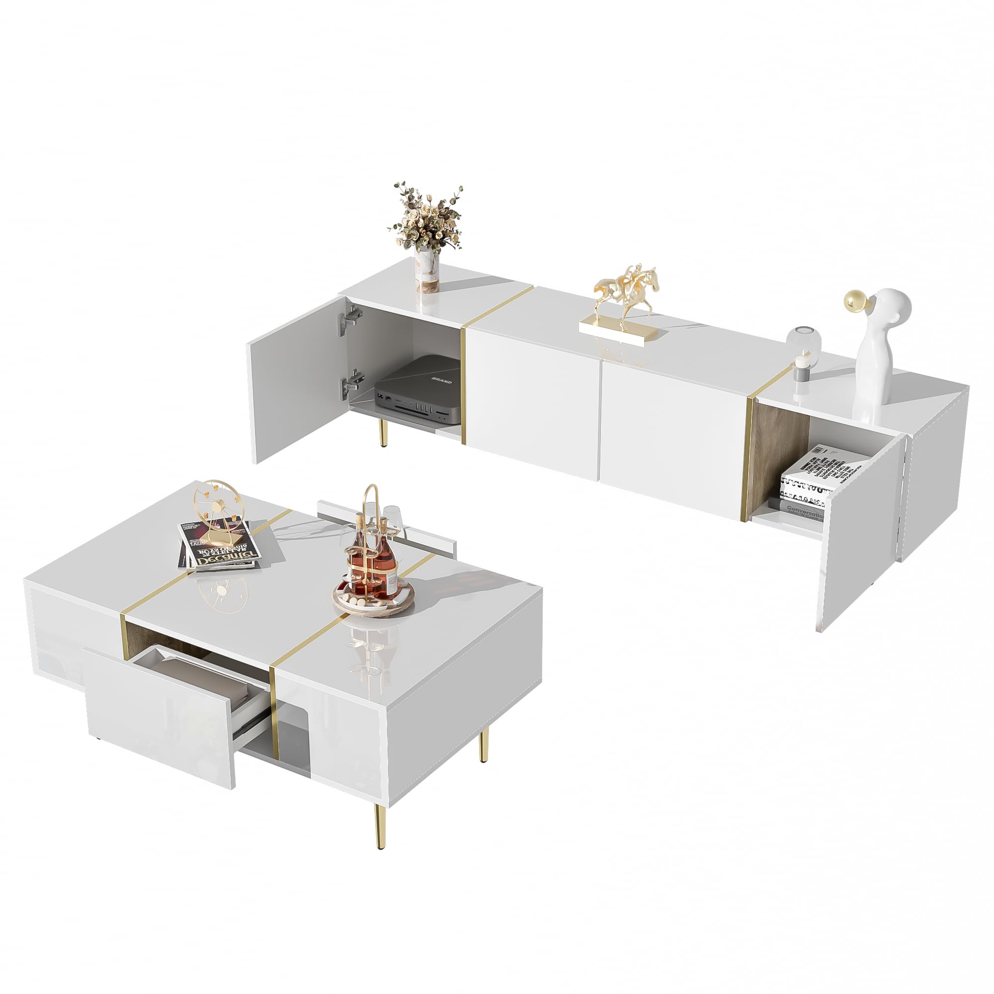 Generisch Moderner TV-Schrank mit Couchtisch Set in Hochglanz Weiß & Gold – 4 Türen, 2 Schubladen, Soft-Close, Staubsaugerroboterfreundlich, XL-Stauraum für Wohnzimmer