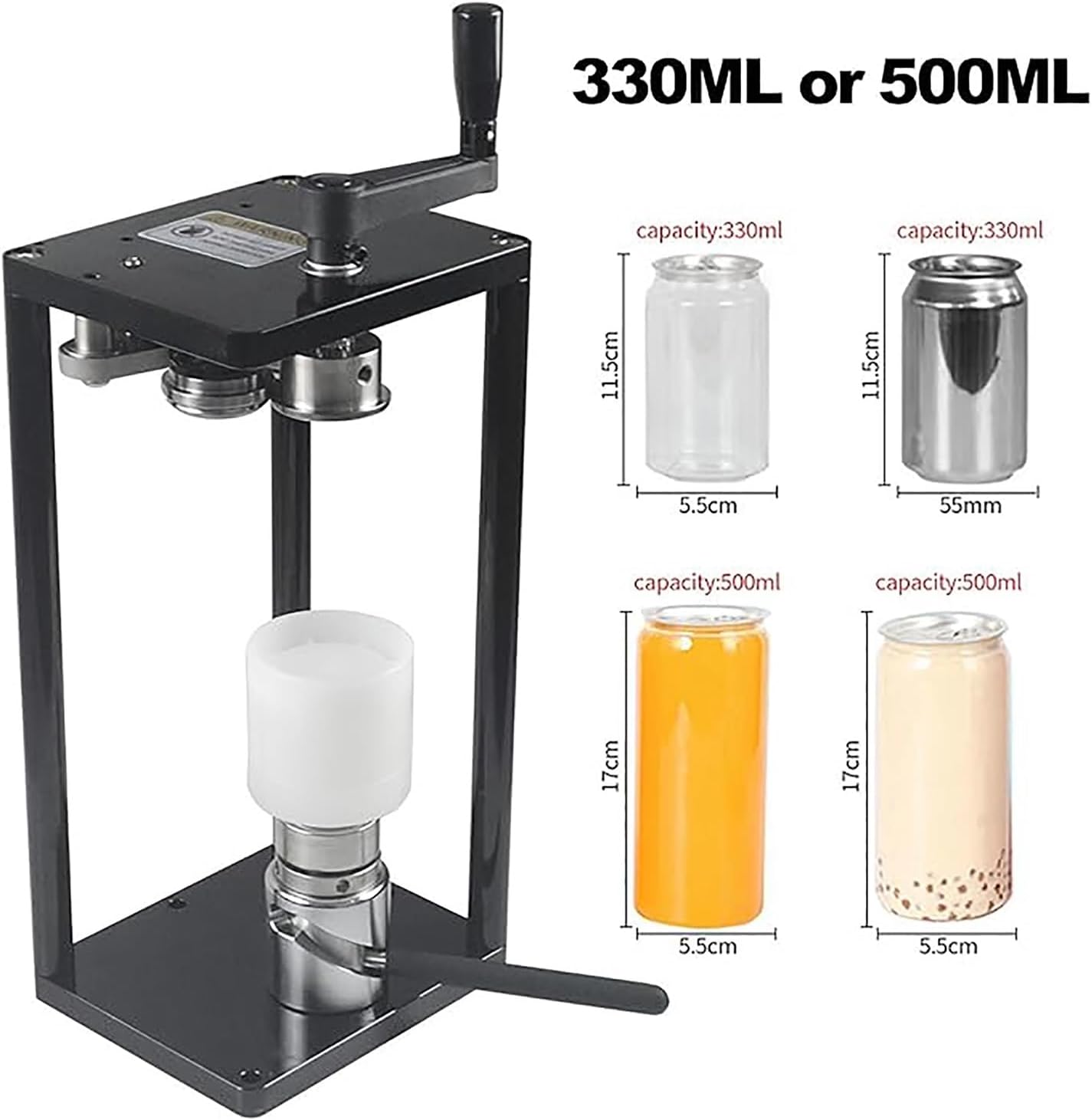 Diagram showing compatible 330ml and 500ml can sizes with dimensions