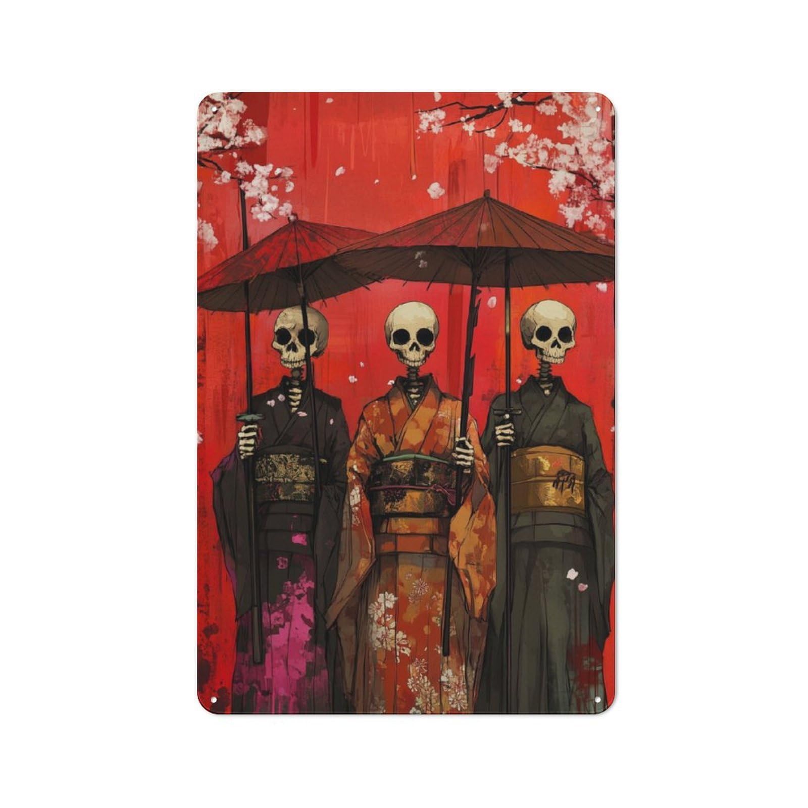 Vintage Skeletal Geishas Metal Plaque 30x20cm, Diner Style Decor for Coffee Bar, Kitchen, Bistro Or Tea Corner