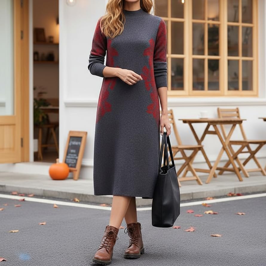 Womens Fall Winter Trendy Long Sleeve Floral Sweater Dress Casual Soft Warm Midi Length Knit Dresses for Women - Image 2