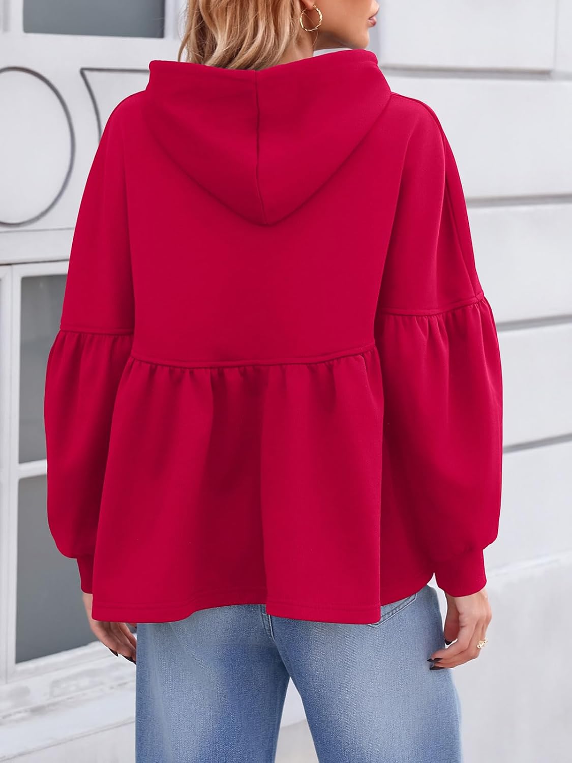 Womens Oversized Hoodies Sweatshirts Casual Lantern Sleeve Peplum Tops Drawstring Loose Hooded Pullover Workout Top - Image 5
