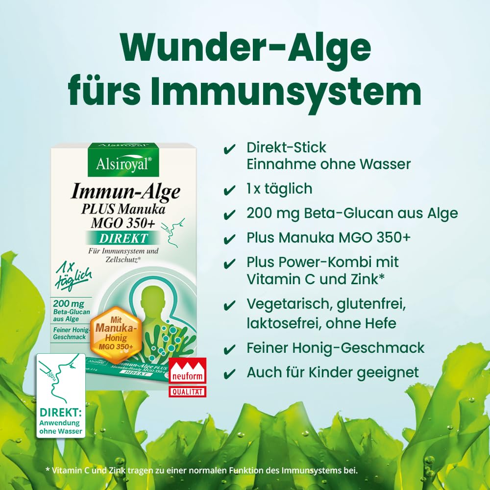 Alsiroyal Immun-Alge PLUS Manuka MGO 350+ DIREKT (40 Sticks) - Nahrungsergänzung mit Beta-Glucan aus Euglena gracilis, Vitamin C & Zink - Praktische Direkt-Sticks für unterwegs