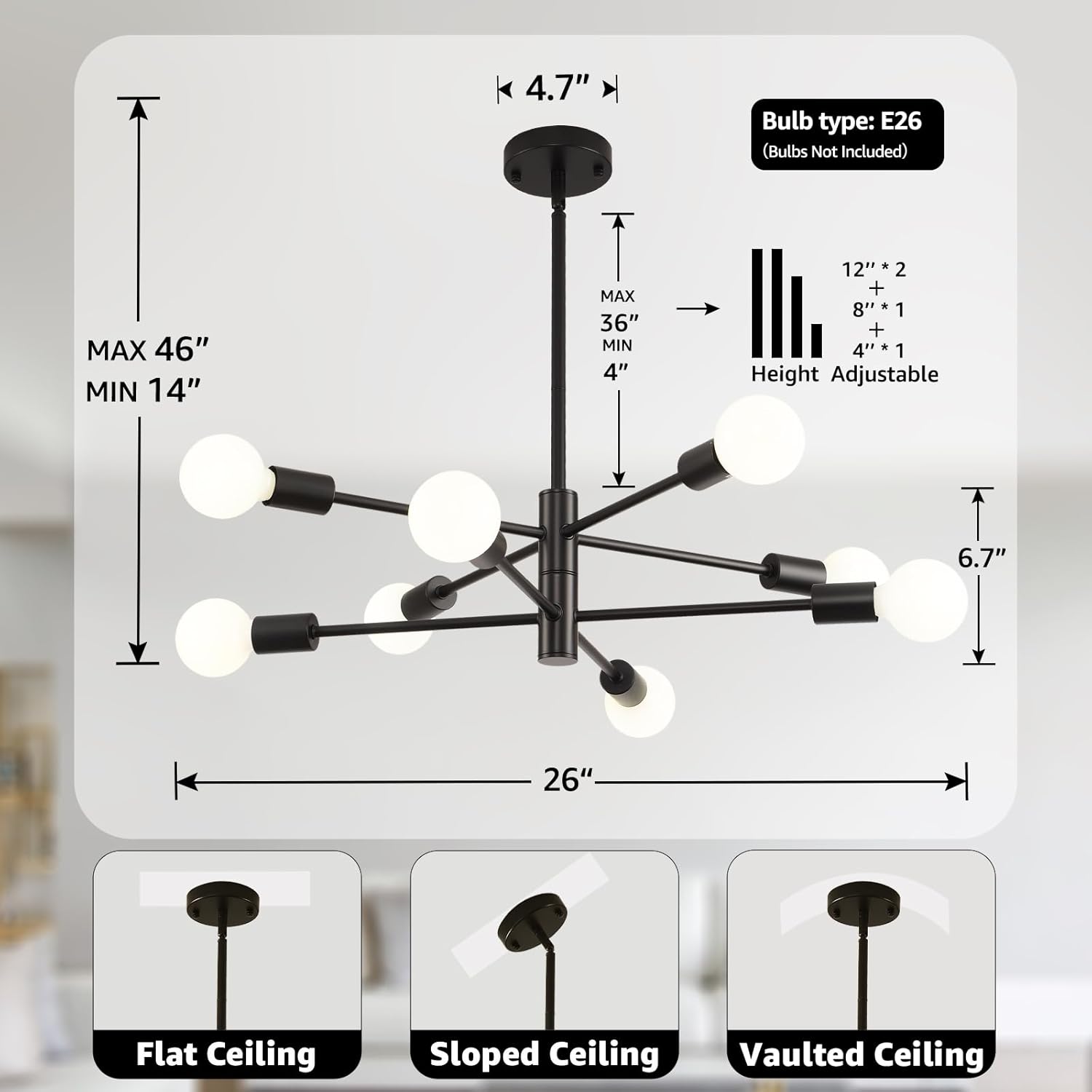 HHR Black Sputnik Light Fixture, 8-Light Modern Dining Room Chandelier, Height Adjustable Chandeliers for Kitchen Island Over Table, Mid Century Ceiling Lighting Fixture