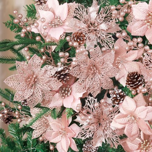 56 Pcs Christmas Decorations, 4 Styles Poinsettias Artificial Christmas Flowers Glitter Berries Stems Ornaments Tree with Pine Cones & Stems for Xmas Wedding DIY Wreath Floral Party (Rose Gold)