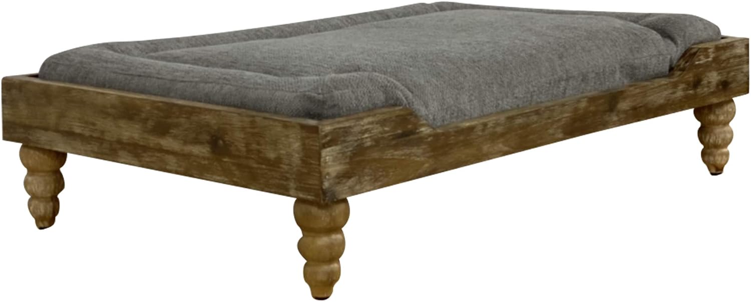 828 Pet Supplies | Large Orthopedic Memory Foam Dog/Pet Bed - Washed Oak Frame - Raised Dog Bed - Grey Wash Fabric - Carved Legs - Stain…