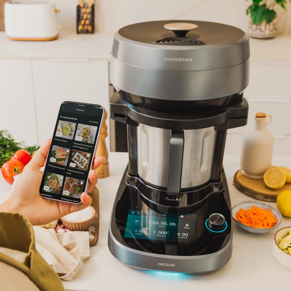 Cecotec Robot da Cucina Multifunzione con dispenser alimentare Mambo CooKing Unique. 2200 W, 45 funzioni, migliaia di ricette guidate, brocca unica da 5 l, accessori: vaporiera o pala per stufati