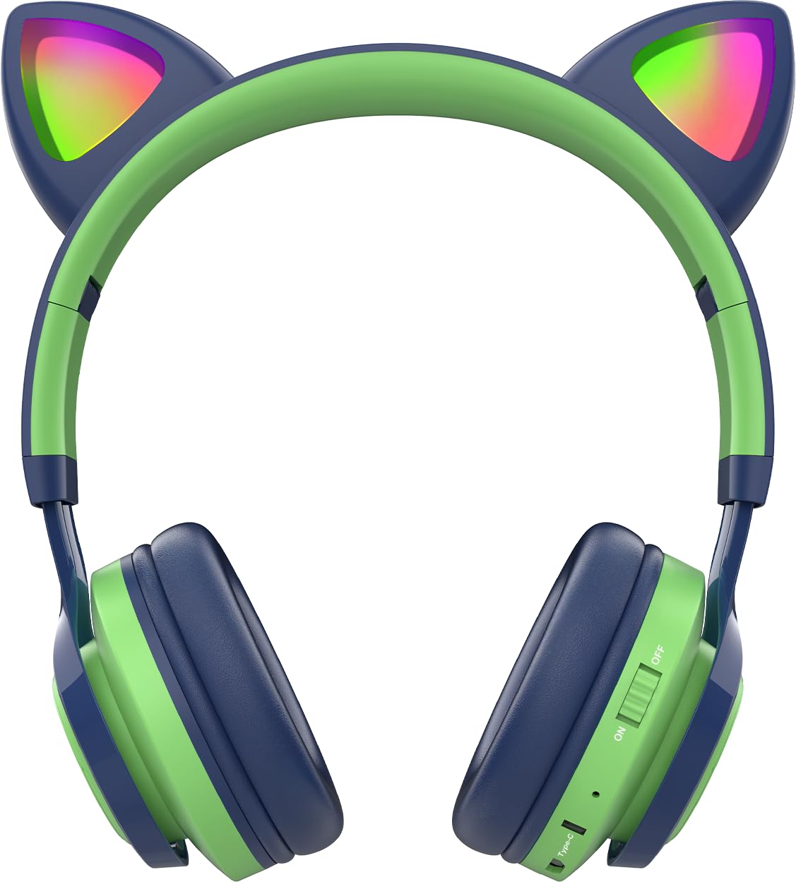 Riwbox CT-7S, cuffie Bluetooth per bambini, con orecchie di gatto, con luce LED, limitazione del volume di 85 dB, sovrauricolari con microfono per laptop/PC/TV (verde e blu navy)