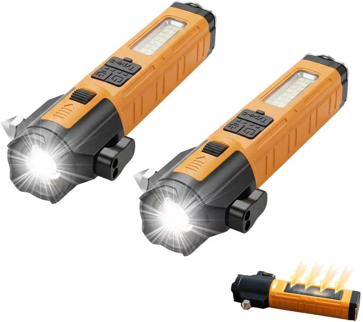Solar Flashlights for Car Emergency Flashlight, Multi-Functional Escape Tool with Window Breaker Seatbelt Cutter Alarm Buzzer, Zoomable Spotlight for Roadside Assistance, Camping, Survival Yellow-2P