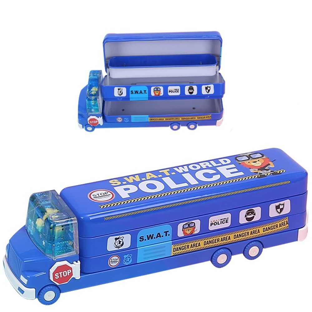 Bluebell Magic Bus Pencil Box with Three Level Storage Capacity,Inside sharpner, Cartoon Printed,Multi-Functional School Bus Stationery School Box with Moving Tyre Gift for Boys 3-10 Years (Metal)