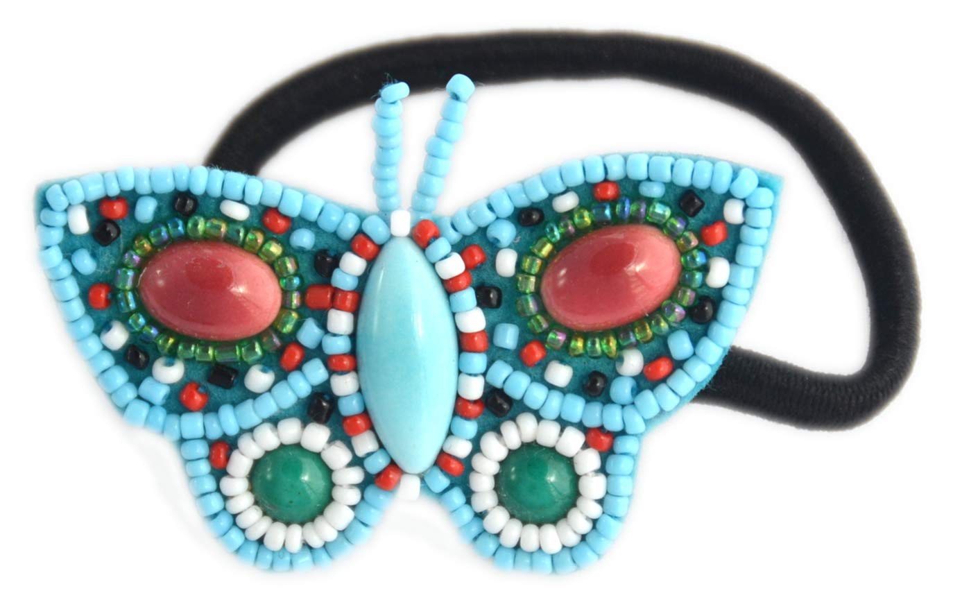 Coletero joya con perlas de vidrio y elástico de mariposa turquesa C002 3