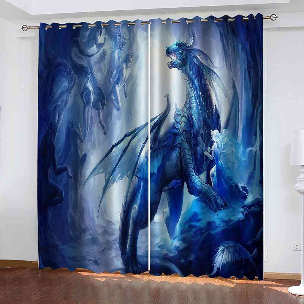Rideau occultant thermique contre le froid et la lumière motif dragon bleu 200x214 cm