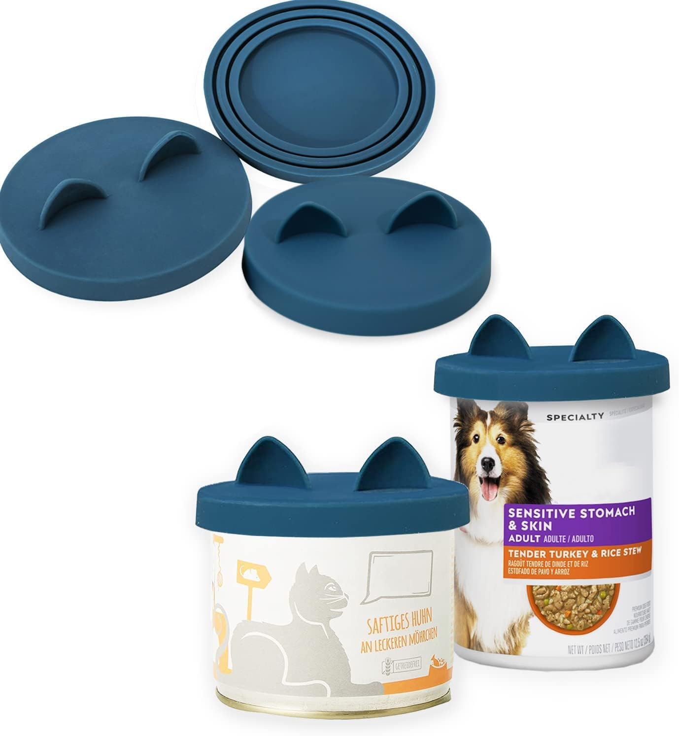OHMO Coperchi Universali in Silicone per Alimenti per lattine per animali domestici, Adatti per lattine per alimenti per animali domestici, Senza BPA, Confezione da 3, Blu
