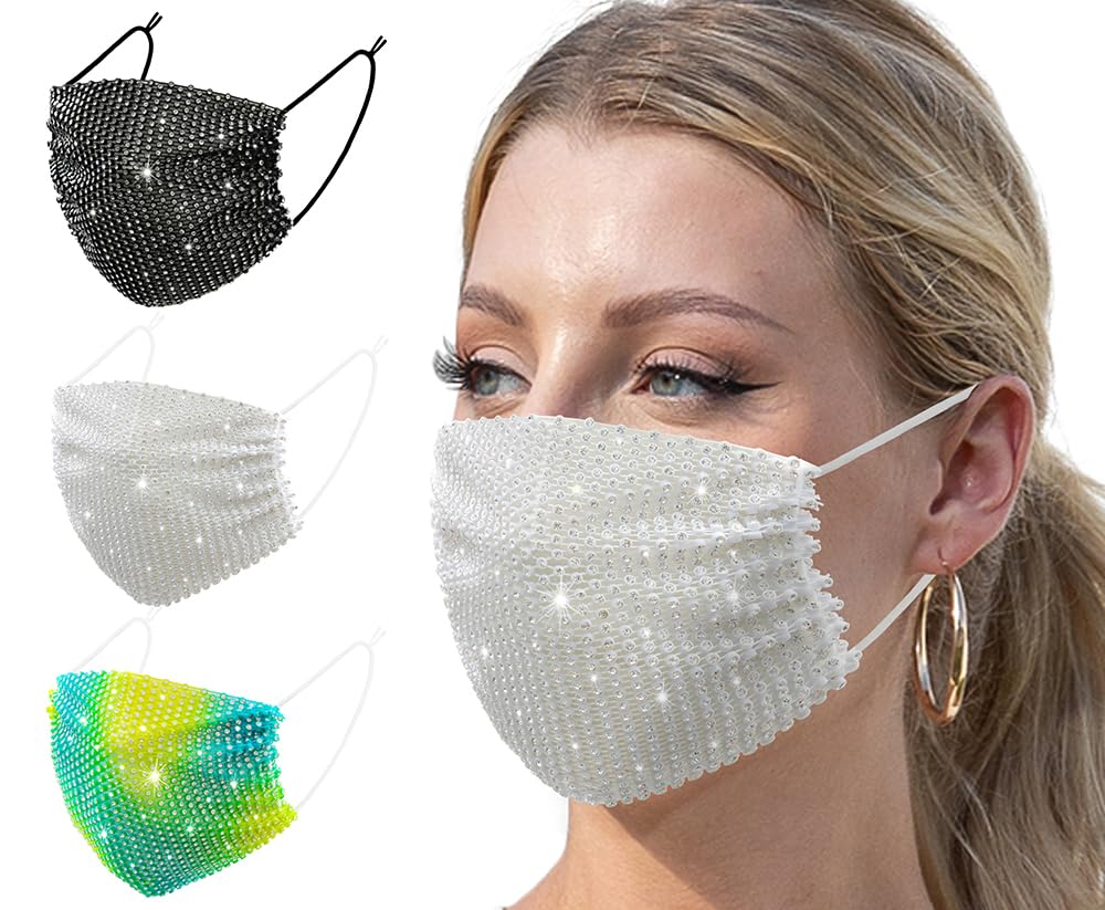 Auriviz 3 Pcs Multi Color 2026 New Adult Mesh Breathable Masks Sparkling Sequins Womens Music Festival Christmas Halloween Cute Clothing Accessories Christmas Glitter Rhinestone Mask for Female