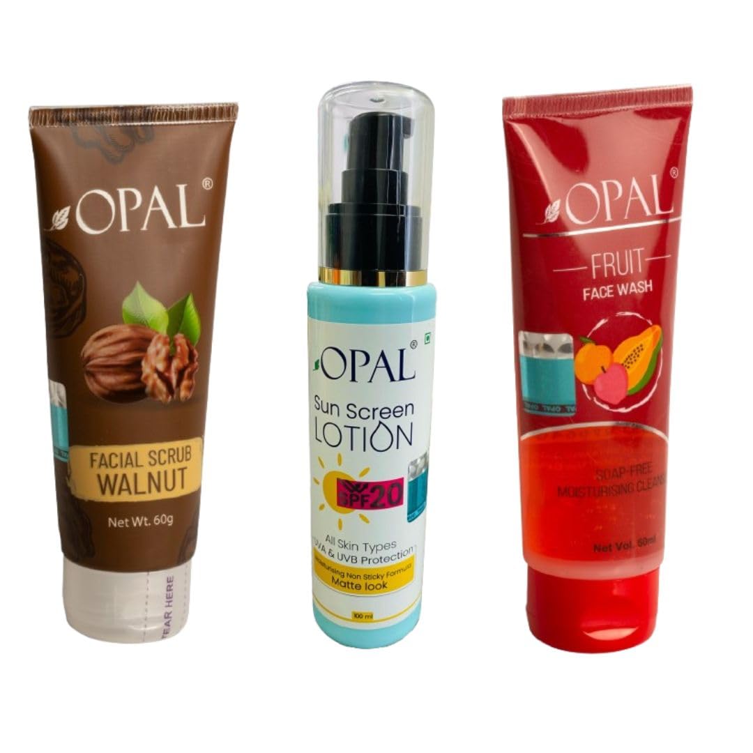 OPAL Pack of 3 Included Walnut Scurb (60gm), Sunscreen Lotion 20 SPF (100ml), Fruit Face Wash (60gm) for Deep Cleansing & Refreshing Skin - Summer Sun Protection Skin Care Scrub | Glowing | Radiant Skin