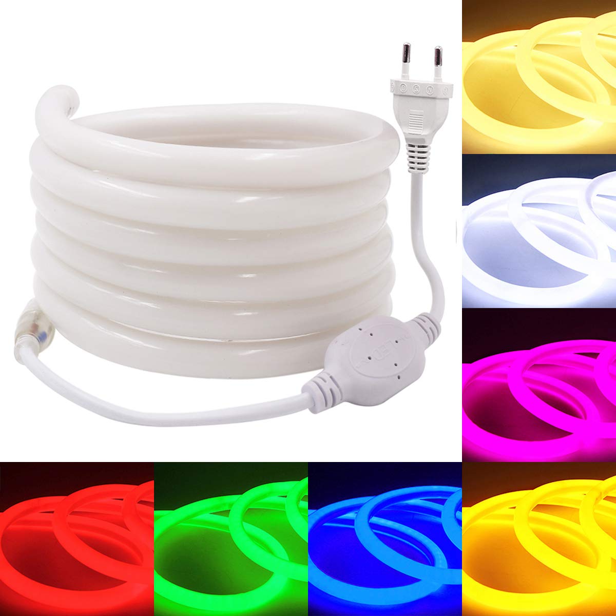 10m Ruban de néon ronde, luminescent à 360° - Blanc Chaud, Bande LED 2835 SMD 120 LEDs/m, éclairage lumineux sans points de lumière, 220V 230V strip, IP65 étanche