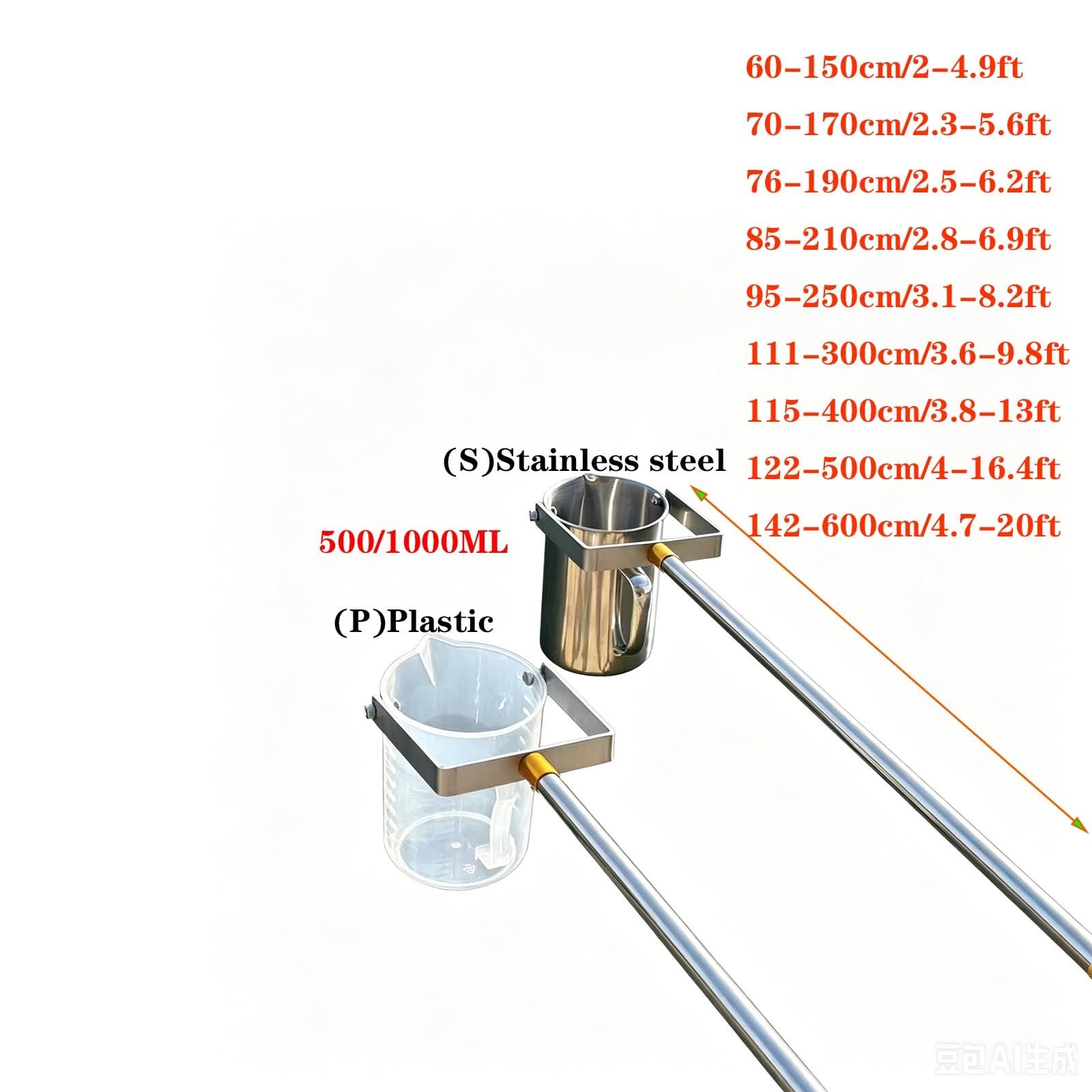 Wasserprobenahme-Löffel Mit Langem Griff, Teleskopisch, Wasserproben-Sammelstange Aus Edelstahl Mit Messbecher 500/1000 Ml, Reservoir/Teich(P500ML,60-150cm/2-4.9ft)