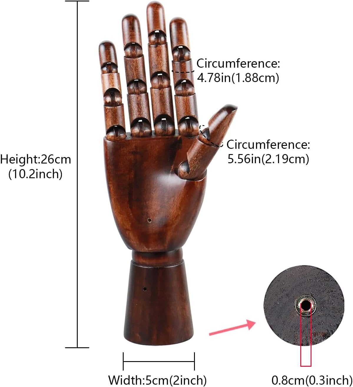 Hand Jewelry Holder Wooden Hand Mannequin for Jewelry, Ancient Dark Red Manikin Right Hand for Sunglasses Holder, 26cm