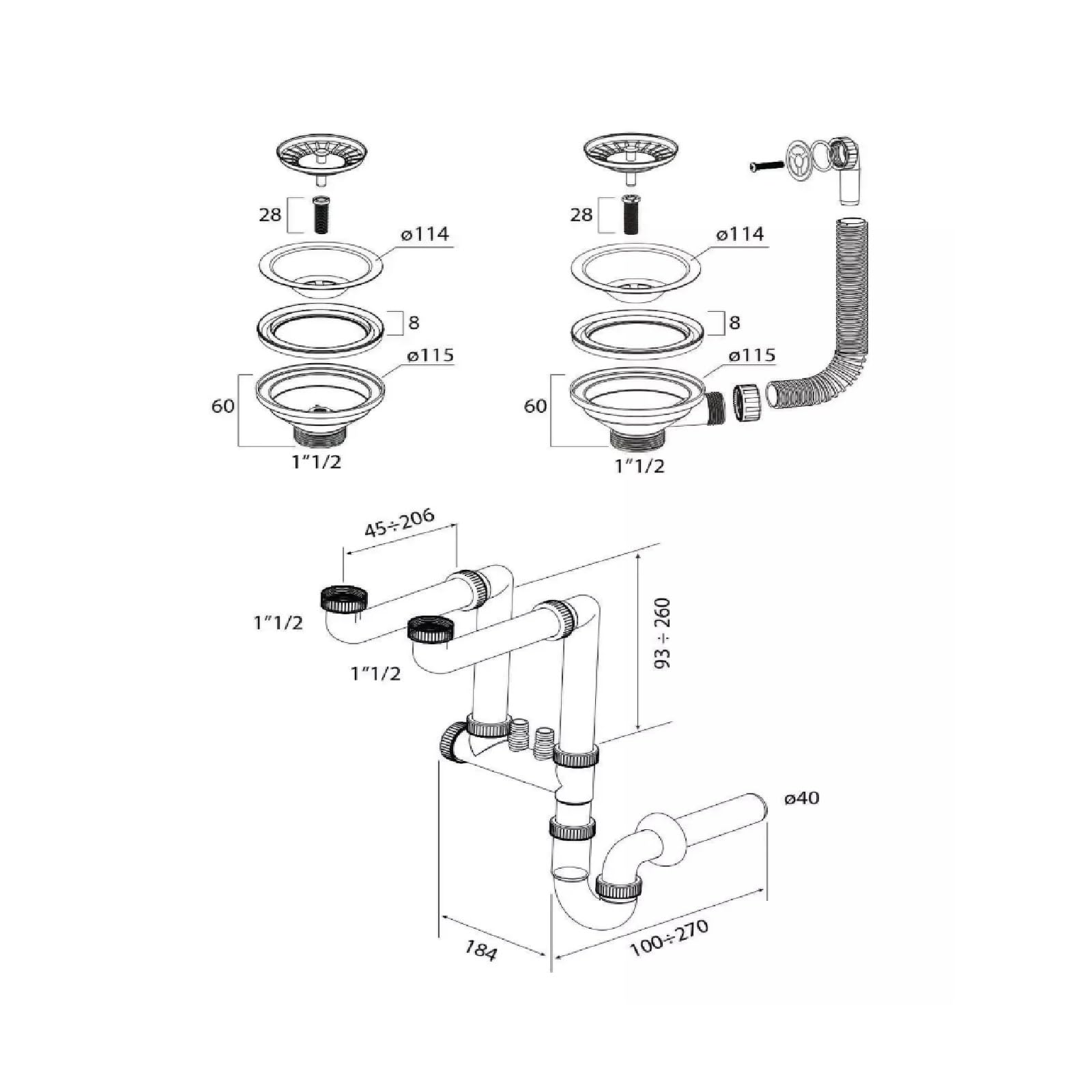 QLS Doppelbecken-Siphon manuell 3 1/2 Zoll wandnah Gold | Platzsparende Bauweise aus PVC und Edelstahl mit Anschluss für Geschirrspüler, Waschmaschine, inkl. Montageset und Dichtungen
