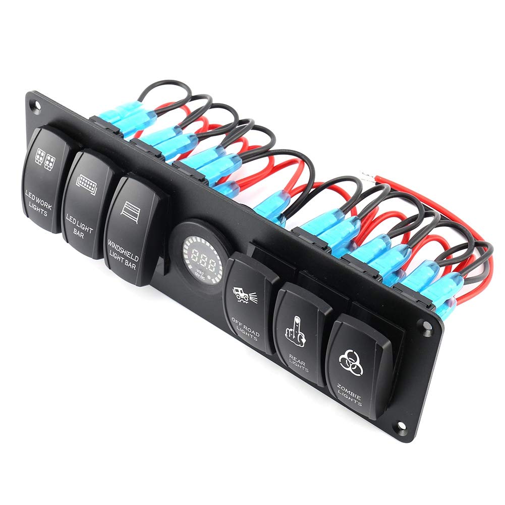 Pannello Interruttori a Bilanciere a 6 Gruppi Impermeabile Luce LED Blu Protezione da Sovraccarico Barca Marina Lega di Alluminio Universale per Auto Yacht RV Bus
