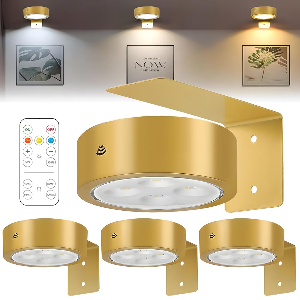 Jonuin 4 Pack Picture Lights for Wall, Battery Operated Picture Light with Remote Control & 3 Color Temps, Dimmable Timer, Wireless Magnetic Wall Lights for Painting, Portrait, Poster, Art Frame(Gold)
