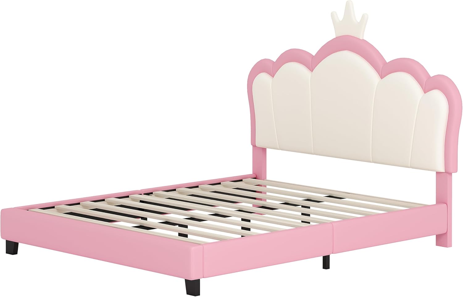 Harper & Bright Designs Full Size Upholstered Princess Bed Frame with Crown Headboard for Boys Girls Kids Toddler,Full Size Platform Bed with Headboard and Footboard,White+Pink (Pink6)