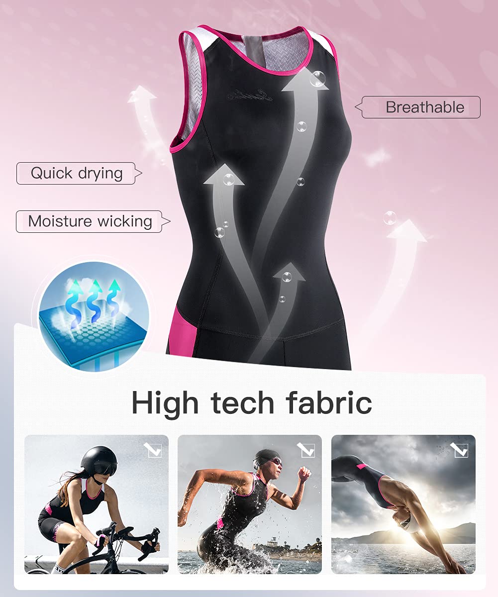 Combinaison de triathlon une pièce sans manches pour femme - Rembourrée - Séchage rapide - Pour la course à pied, la natation, le cyclisme, Noir/rosé, X-Small