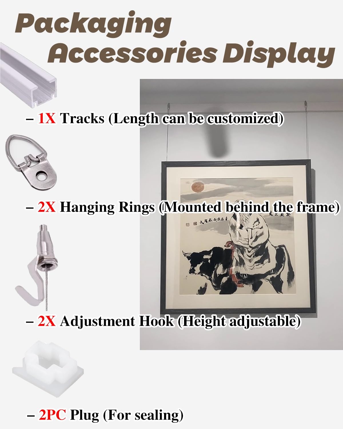 Cimaise Tableau Rail Réglable pour Tableaux (76, 102, 127, 152, 178 Cm), Système D'affichage Mural pour Galerie D'art, Kit D'exposition pour Cadres Suspendus, Flexible et Réglable(66"/167cm Track,6.5'