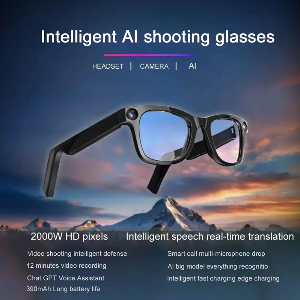 Occhiali intelligenti， Occhiali con fotocamera anti-vibrazione HD da 500 W, traduzione AI, chiamate, cuffie Bluetooth, occhiali, registrazione video, scatto di foto, vetro trasparente