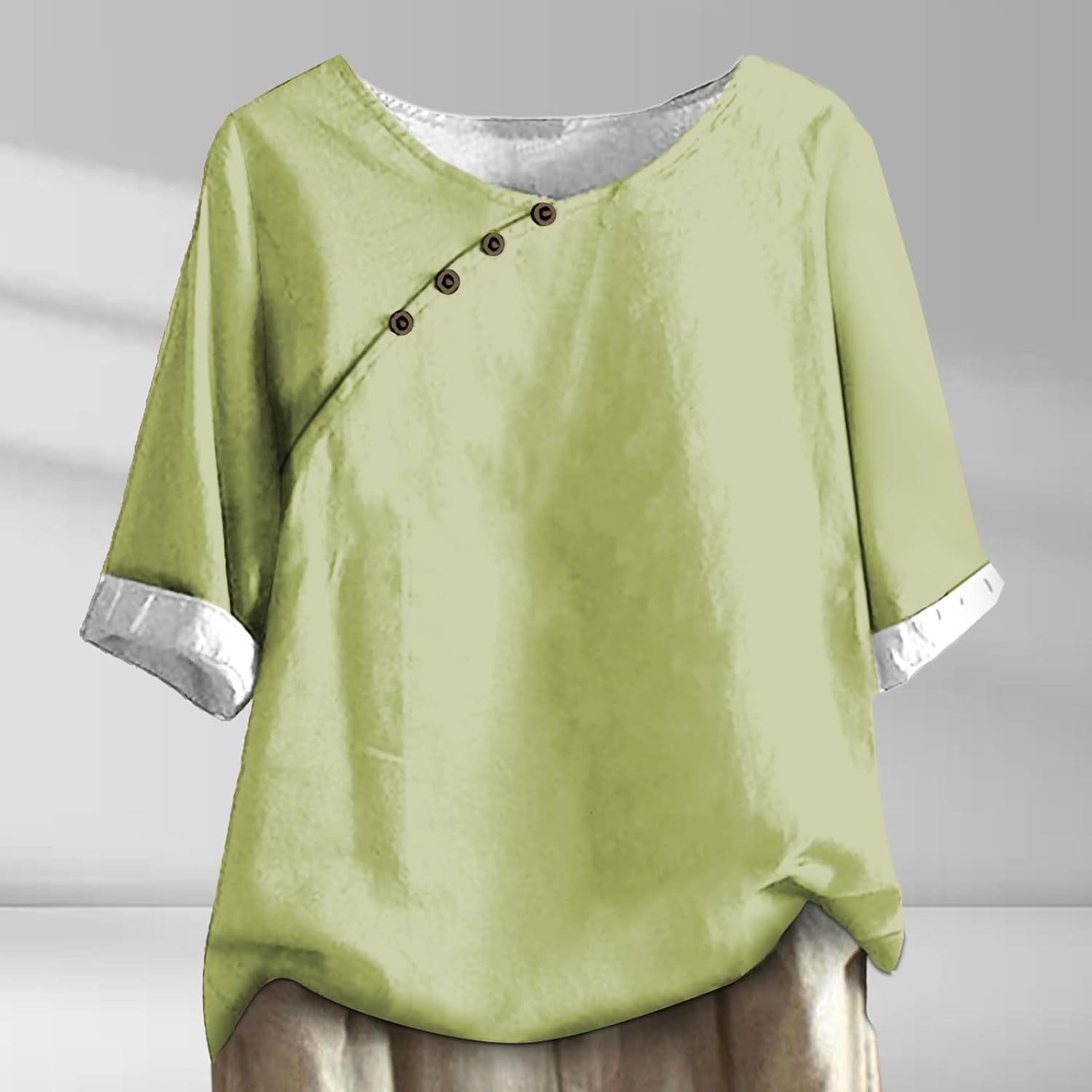 Womens Short Sleeve Elegant Blouse Asymmetrical Button Detail Polyester Top Loose Fit Summer Tunic Shirt - Image 2