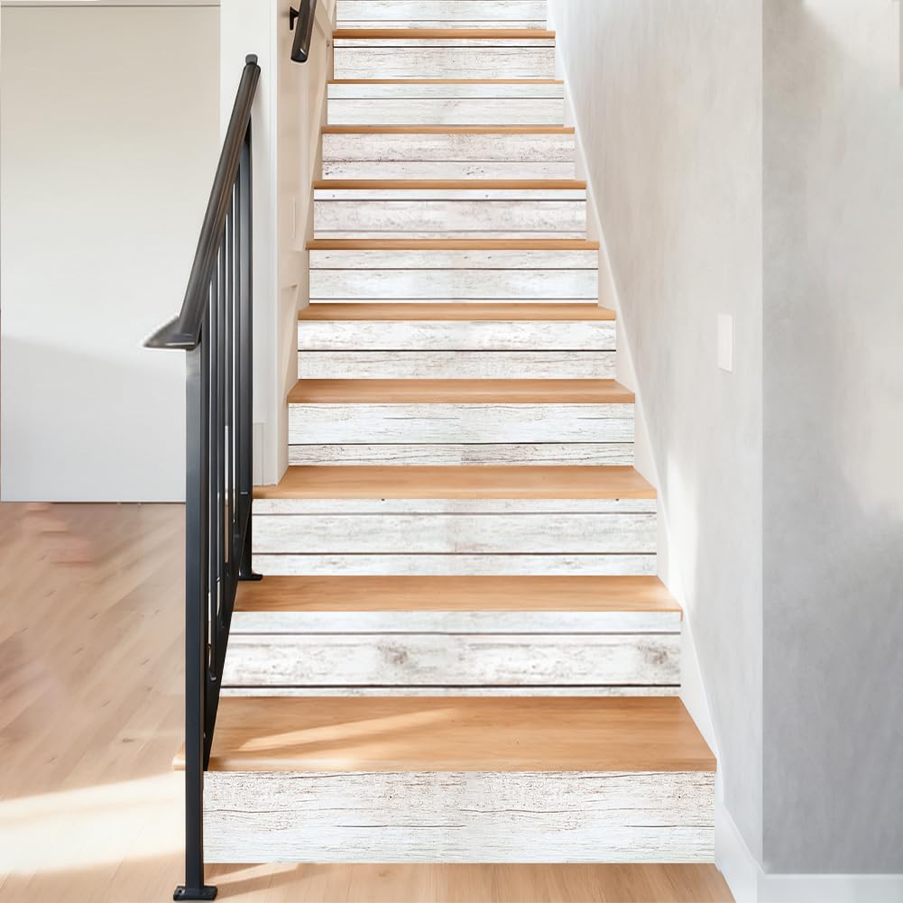 Hobbspring Wood Grain 15Pcs Stair Riser Decals for Office Home Classical White Grain Detachable DIY Stair Peel and Stick Decal PVC Water Proof Material Tile Stickers 39.37x7.09In