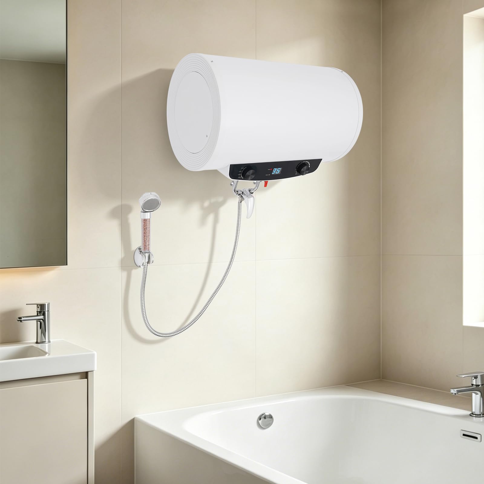 Scaldabagno elettrico da 35 l, 2000 W, montaggio a parete, con indicatore LED, 3 livelli di calore (35-75 °C), IPX4, serbatoio interno in acciaio inox, soffione doccia, per bagno, appartamento, salone
