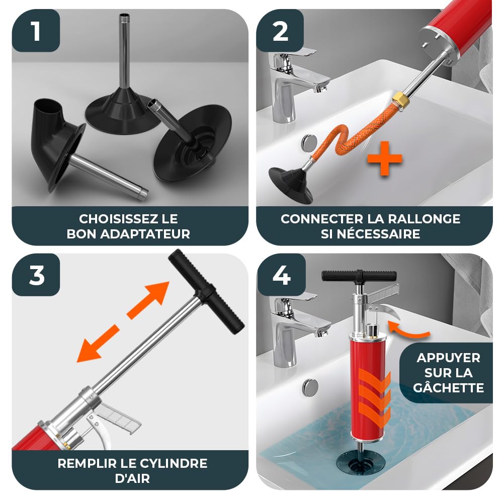 Pompe de nettoyage de tuyaux XXL [8 bar] – Pompe de vidange pour un nettoyage efficace des tuyaux – Déboucheur de tuyaux à air comprimé idéal pour l'industrie, la cuisine, la salle de bain et les