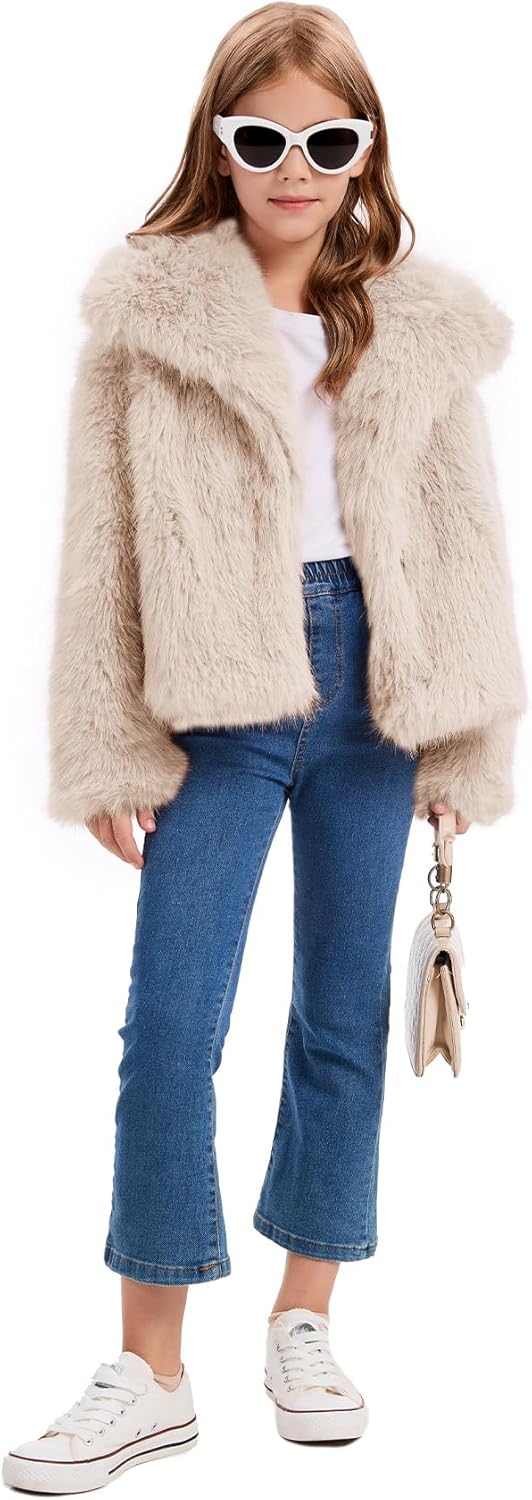 Flygo Girls Faux Fur Coat Kids Fluffy Long Sleeve Lapel Collar Open Front Jacket Warm Winter Shaggy Outwear with Pockets - Image 5