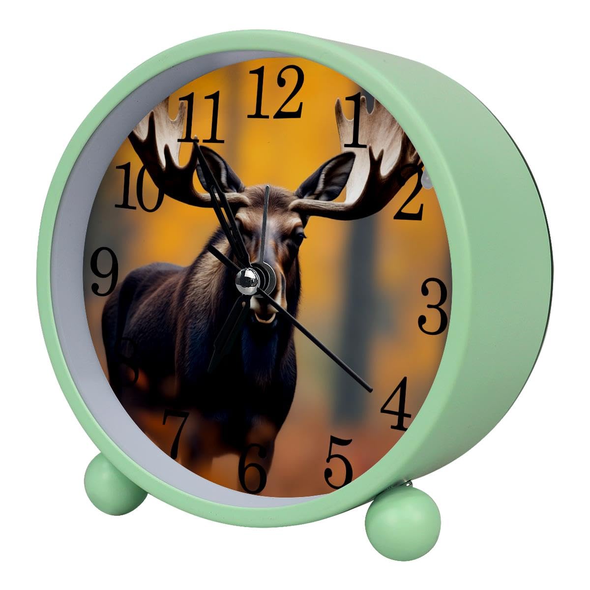 Luoweisi Alarm Clock Moose, Silent Non-Ticking with Night Light, Round Metal Alarm Clock for Office, Battery Operated, Bedroom, Elderly, Adults, Children, Student Gifts