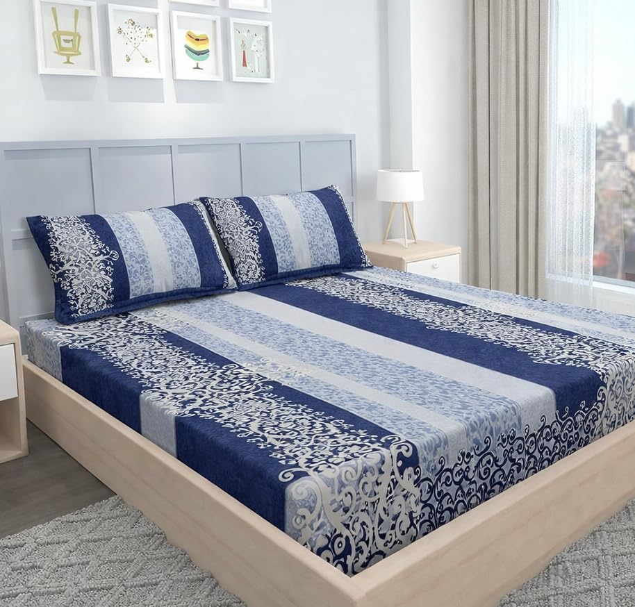 Image of BEVI Home Super Fabric 300 TC Microfiber Double King Size Bedsheet with 2 Pillow Covers - Printed Bedsheet (90x95) Blue Print