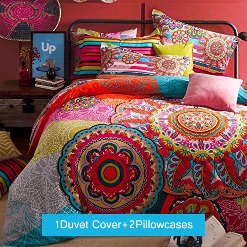 Yunr 100% Cotton Duvet Cover Set, Colorful Boho Bohemian Style Jaipur Print Floral Design, Full Queen Size (Full/Queen, 3pcs Without Comforter)