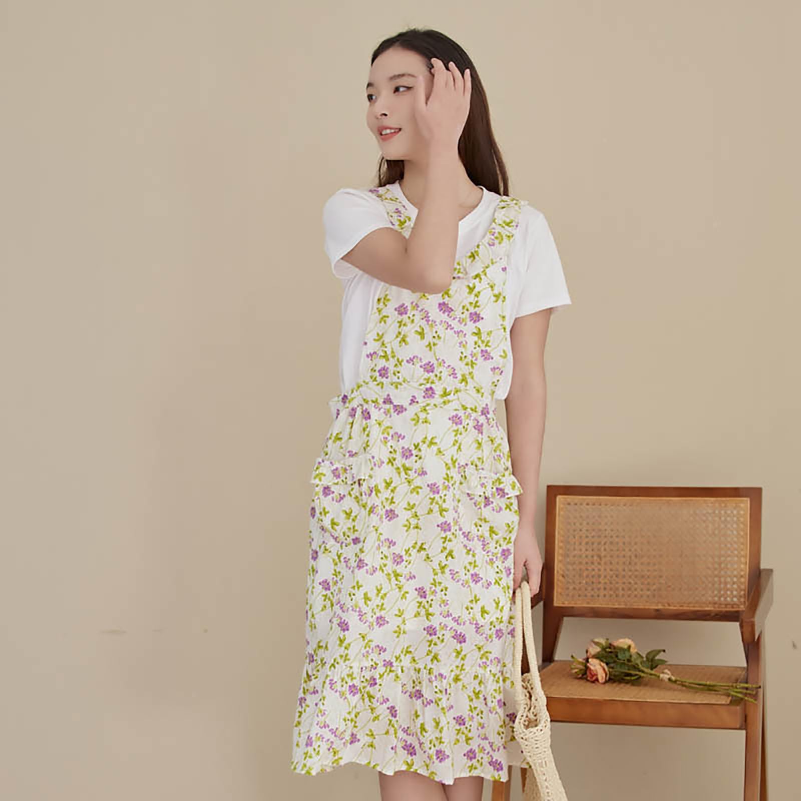 Delantal De Algodón para Mujer, Lindo Delantal Estampado, Delantal De Cocina Ajustable con Espalda Cruzada Y Bolsillos,One Size,White