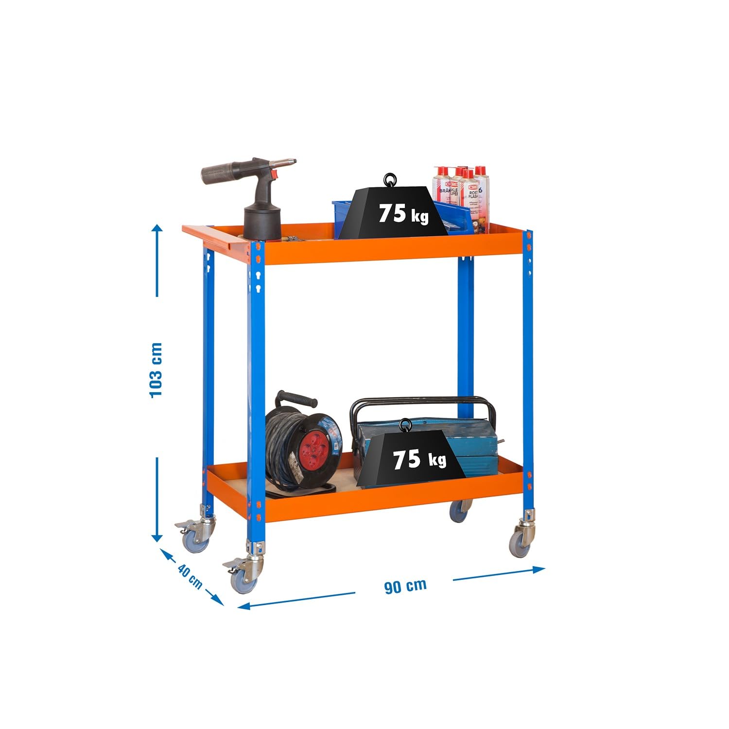 Simon Rack Carro Herramentas Taller, Banco Trabajo, Capacidad Carga 75 kg, 1030x900x400 mm, Azul/Naranja/Madera - WAGON