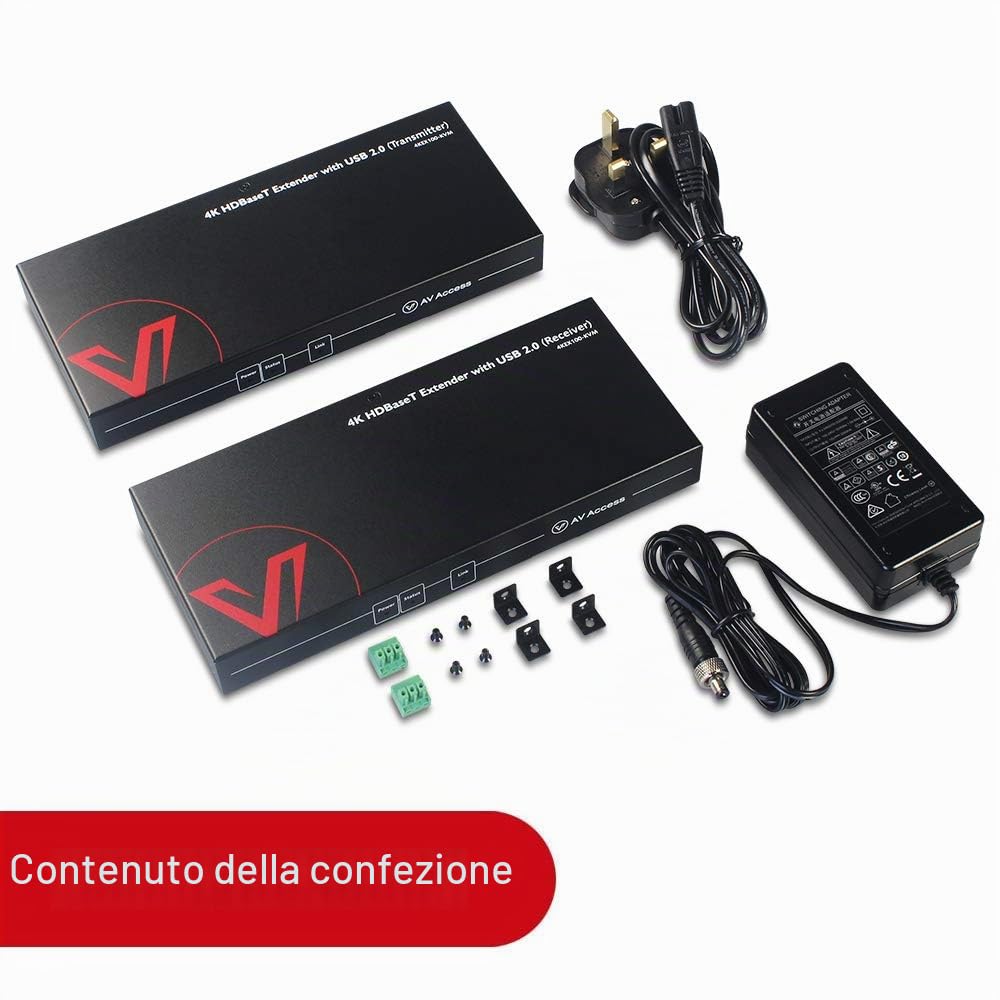 AV Access Estensore KVM USB HDMI 4K (HDBaseT) fino a 100m/328 piedi, 4K@60Hz/1080@120Hz, DIP Switch EDID, Controllo RS232, PoH Unidirezionale, 4 Porte USB 2.0, su Cavo Cat5e/6/RJ45
