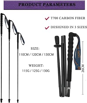 Ultra light hiking poles, collapsible, set of 2, ultra light carbon fibre, hiking poles with moisture absorbing handle, with storage bag, suitable for cross-country, mountaineering and camping