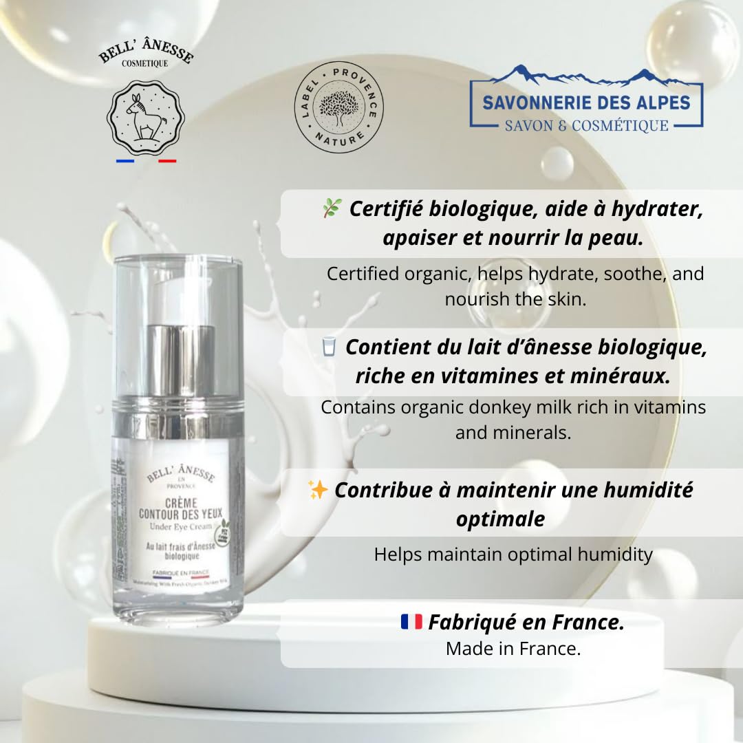 Bell Ânesse Provence Crème Contour des Yeux au Lait d’Ânesse Bio – Soin Hydratant & Régénérant – Peaux Sensibles – Lot de 2 – Made in France