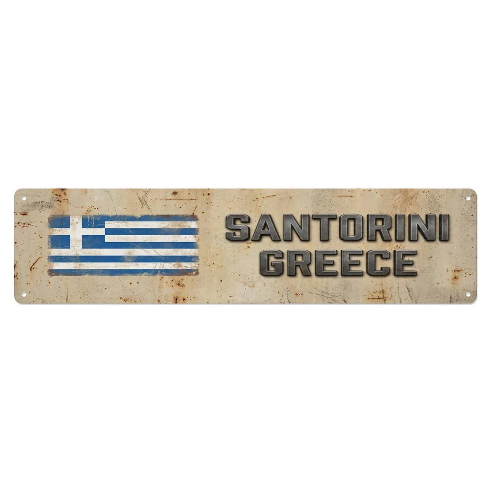 Vintage Santorini Greece Flag Decor Rustic Travel Metal Tin Sign