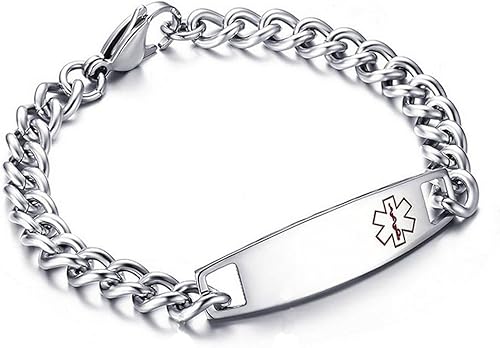 DIB Grabado Grabado de Acero Inoxidable de Alerta Médica Pulsera de Identificación Mujeres Hombres Plata Cadena de Enlace de Pulsera 7.5 in  8.5 in
