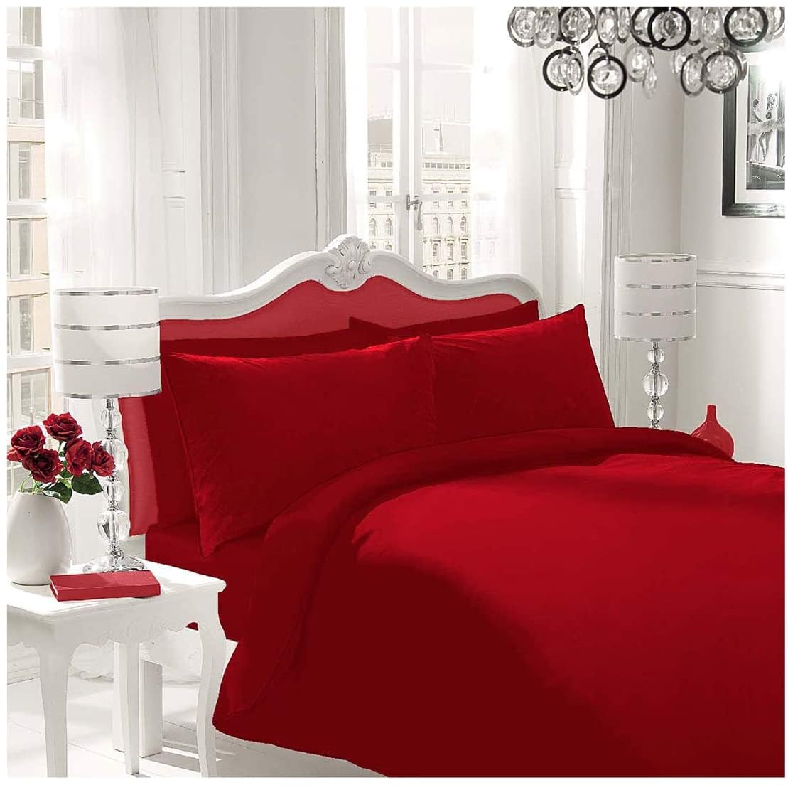 GC GAVENO CAVAILIA Plain Dyed Bedding Sets, Brushed Cotton Double Duvet Set, Reversible Flannelette Quilt Bedset, Red