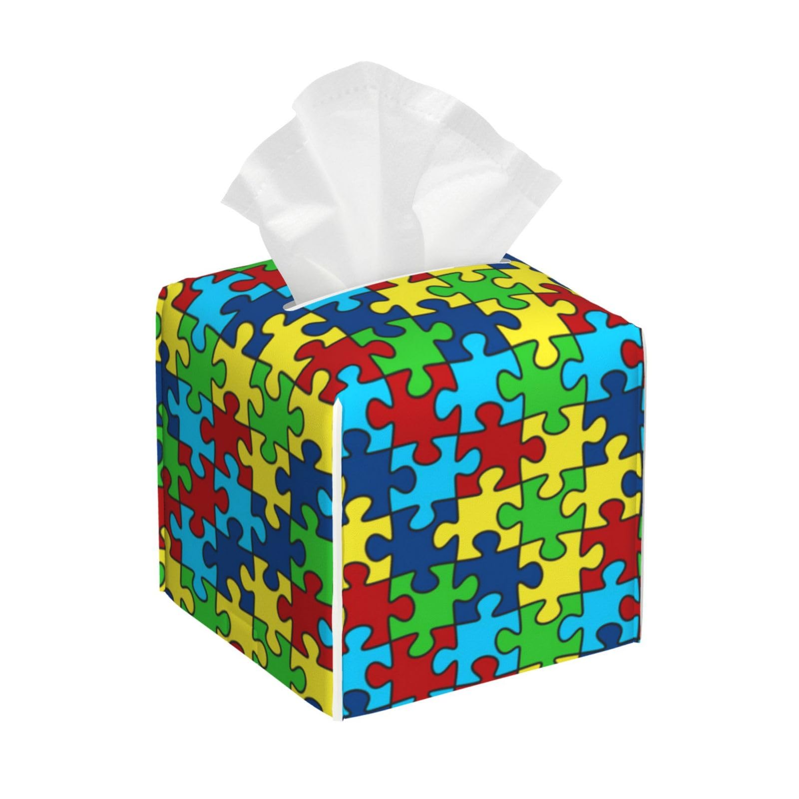 Autism Awareness Puzzle Pattern Square Tissue Box Cover with Modern and Stylish Bottom Tissue Box Storage Space