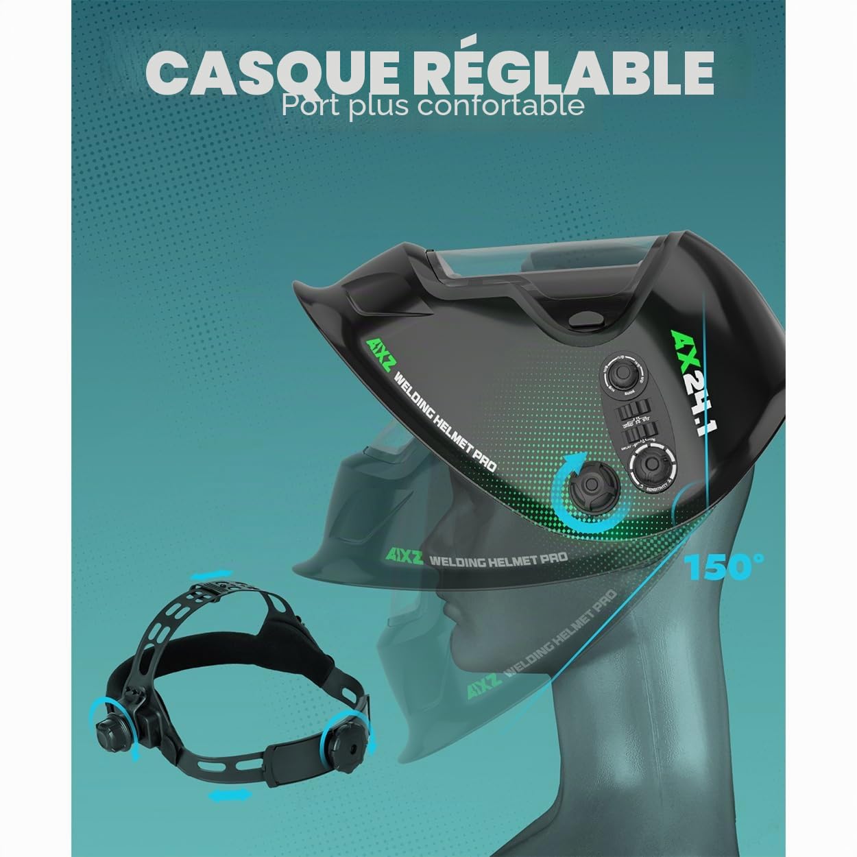 Casque de soudage AIXZ True Color, Classe Optique 1/1/1/2, Champ de Vision Optimal 9,9 x 9,7 cm, obscurcissement Automatique avec 4 capteurs d'arc (4-5/5-9/9-13) pour Masques de soudage MIG/TIG/MMA