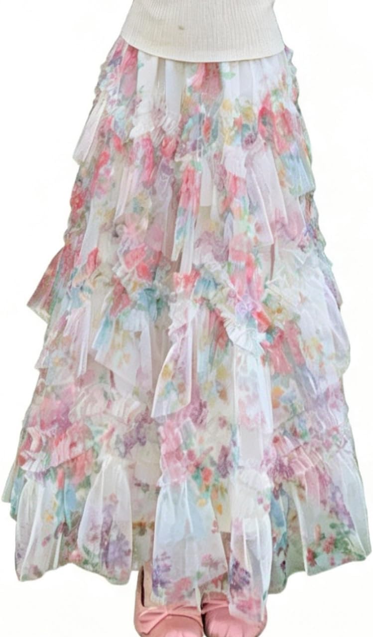 Women Coquette Floral Tulle A Line Maxi Skirt Tiered Ruffle High Waist Flowy Pastel Skirt for Garden Party Beach Date Casual