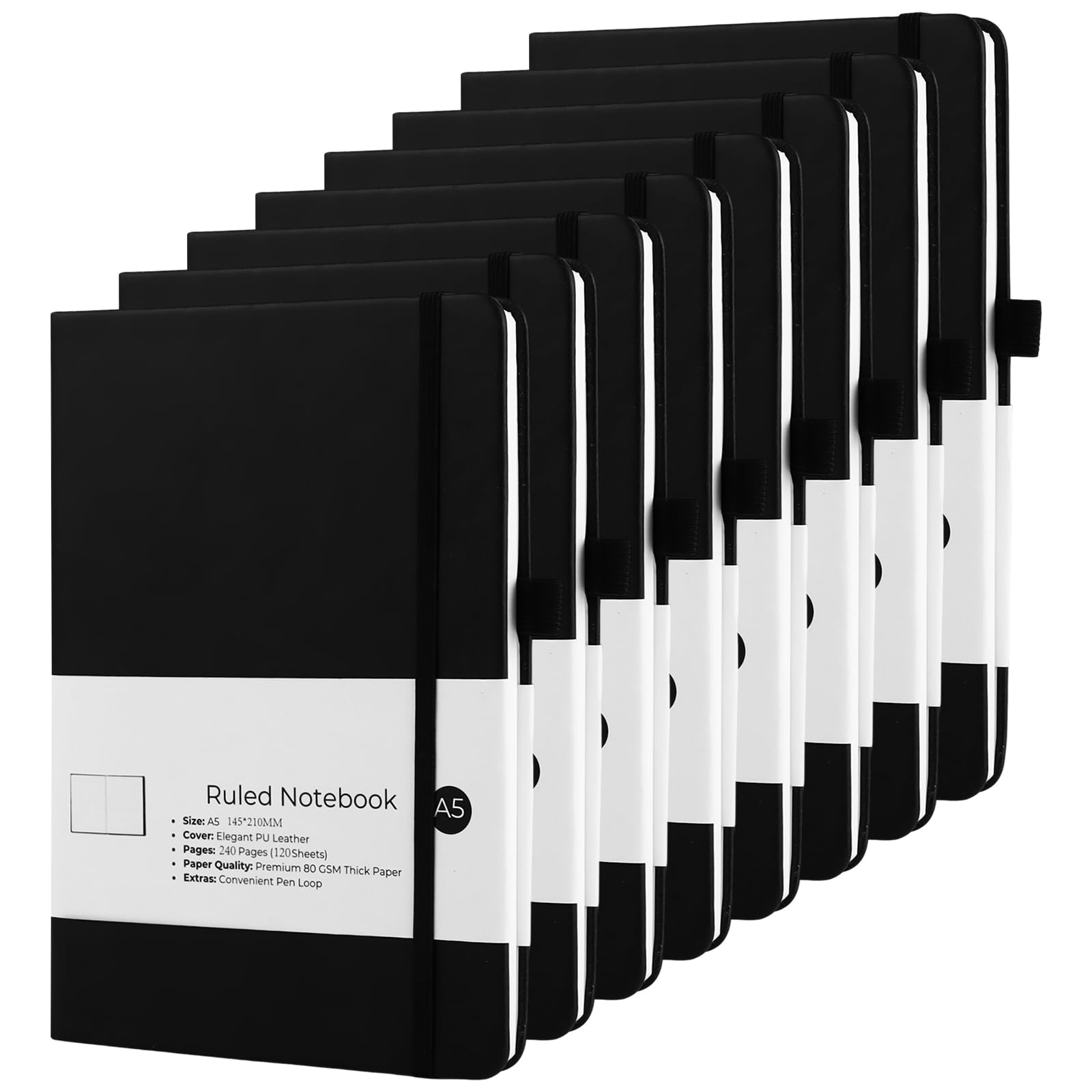 Lot de 8 Carnet A5 Noir, Carnet de Notes en Cuir PU 212x145 Mm, Cahier de Note 240 pages avec Porte-stylo, Élastique, Ruban Marque-page et Poche pour Bureau, École et Journal