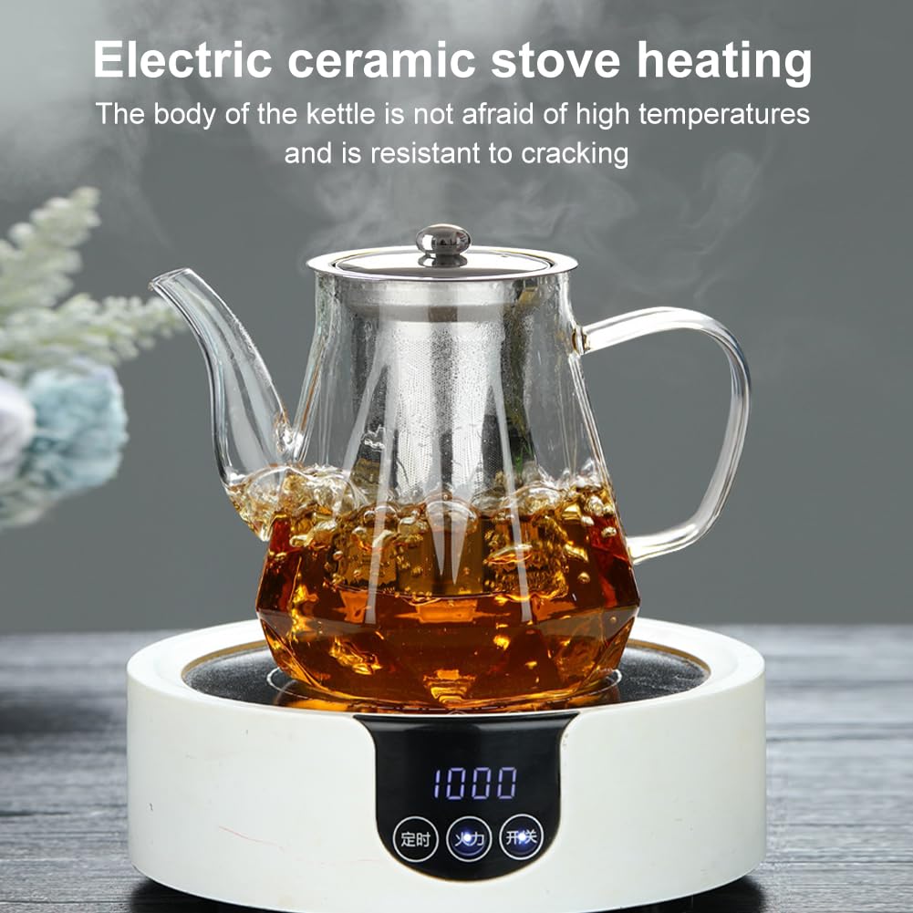 Teiera, teiera in vetro, teiera con colino, teiera in vetro resistente al calore, 1 l, teiera in vetro antigoccia, per tè e fiori di tè, incluso setaccio fine (1000 ml)